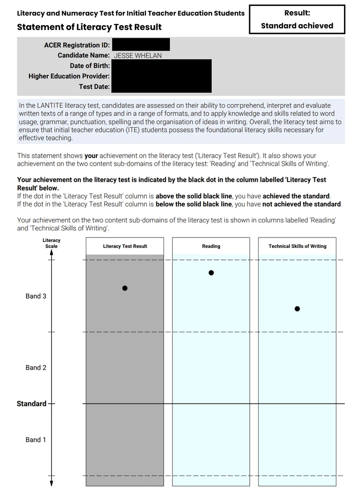 Redacted statement of literacy test result, standard achieved, Band 3 overall and in both Reading and Technical Skills of Writing