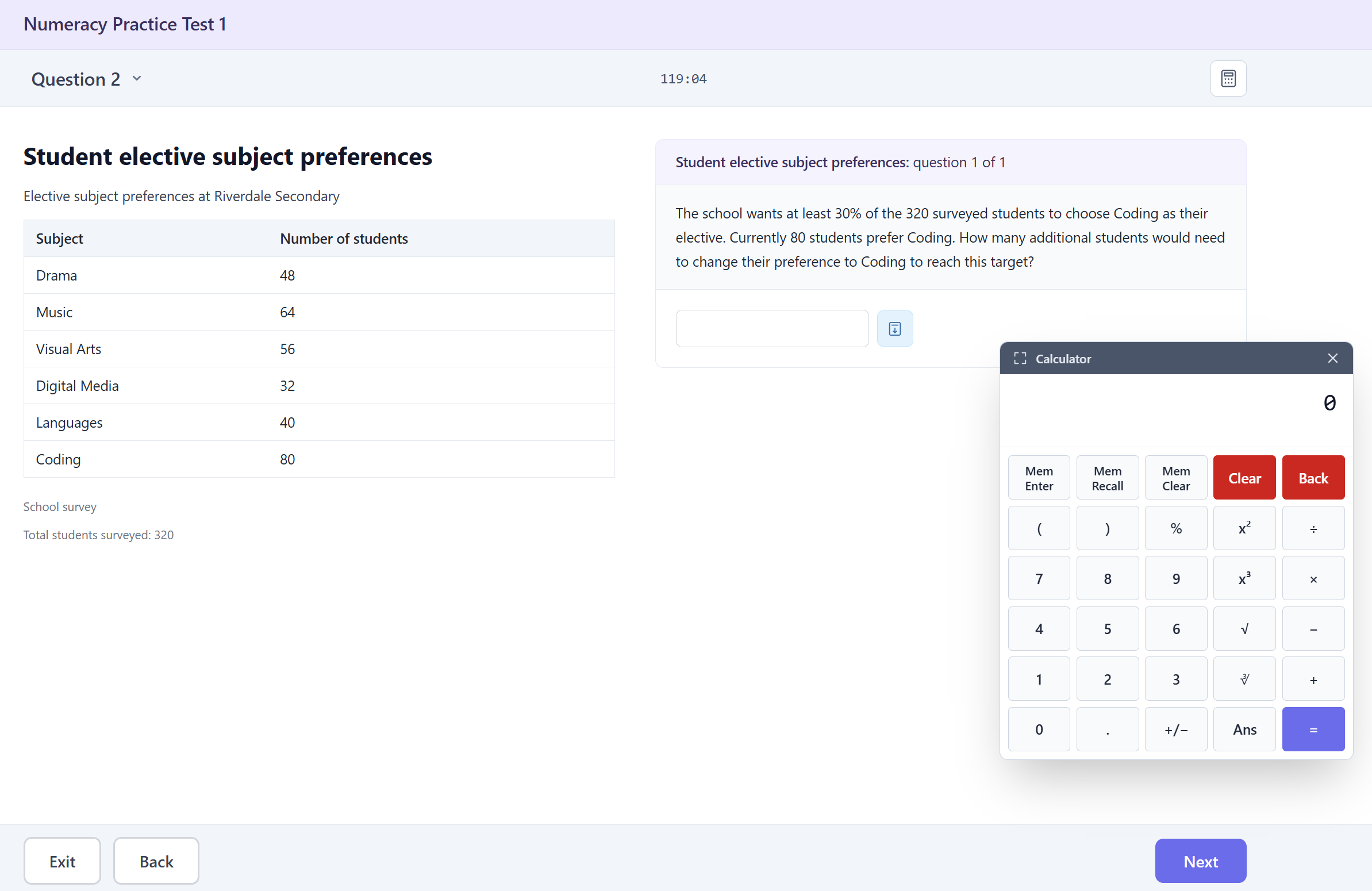 A numeracy question with a table of data, an on-screen calculator open beside it